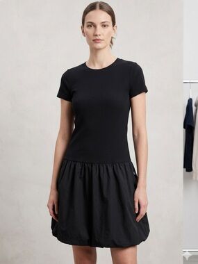 NWT Gap Modern Mixed Media Bubble Mini Dress (Size:M Tall) Black